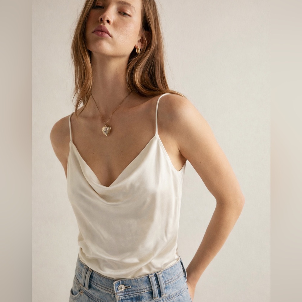 Altar’d State Satin Cowl Neck Bodysuit Cream Size L Elegant Minimal NWOT
